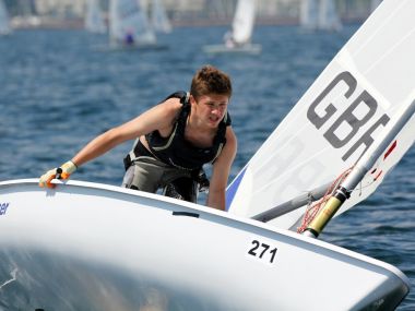 A British sailor tacking for the windward mark